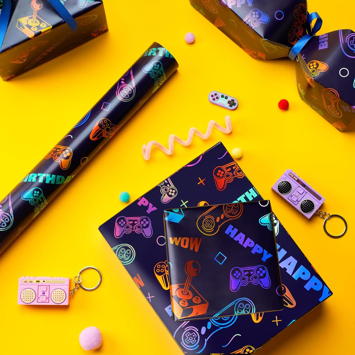 WRAPLA Colorful Wrapping Paper Roll - 17 Inches X 33 Feet (43cm X 10m) - Foil Happy Birthday and Cake Design Gift Wrap Stone Paper for Birthday, Baby Shower, Party, Holiday