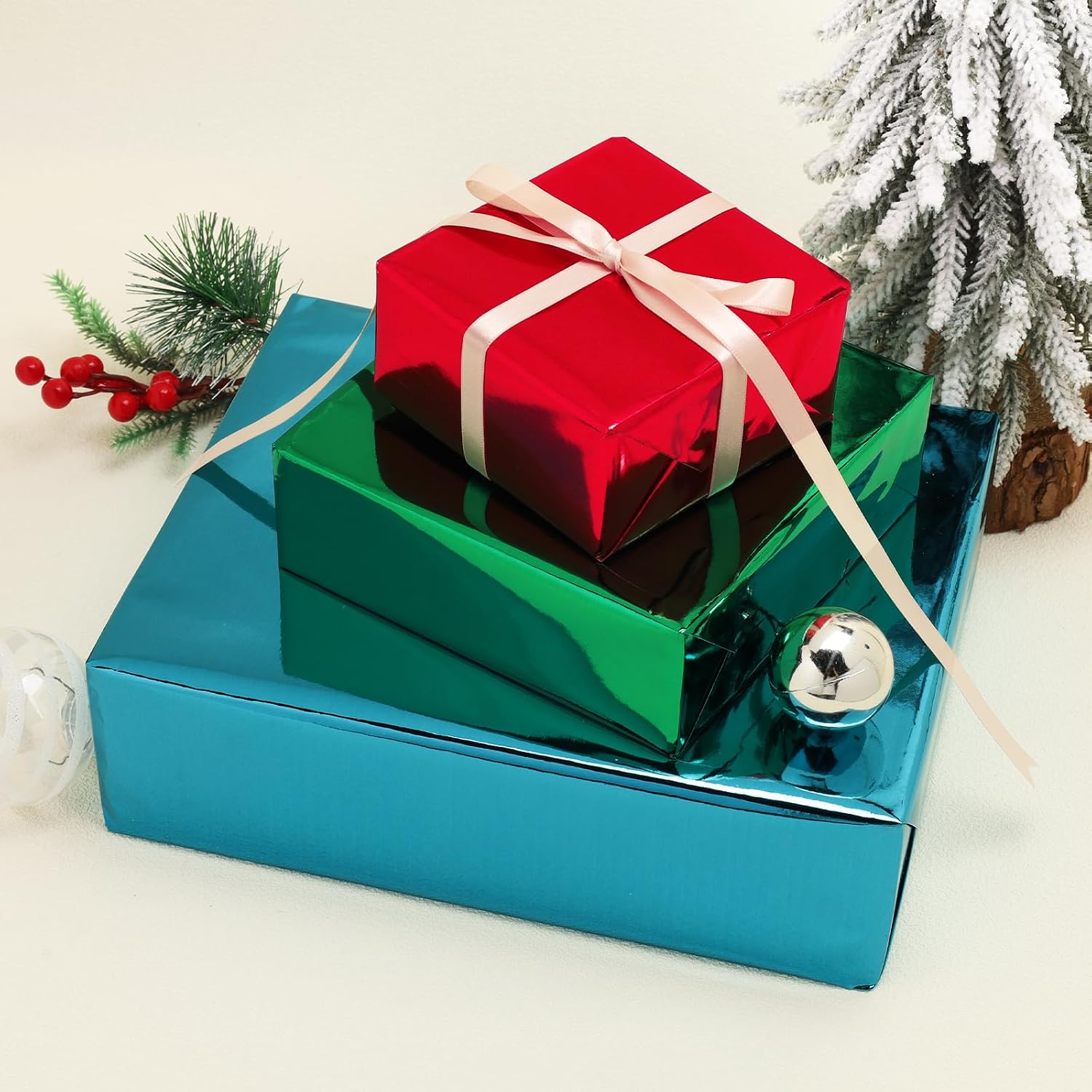 WRAPLA Green Metallic Christmas Wrapping Paper, Solid Color Roll