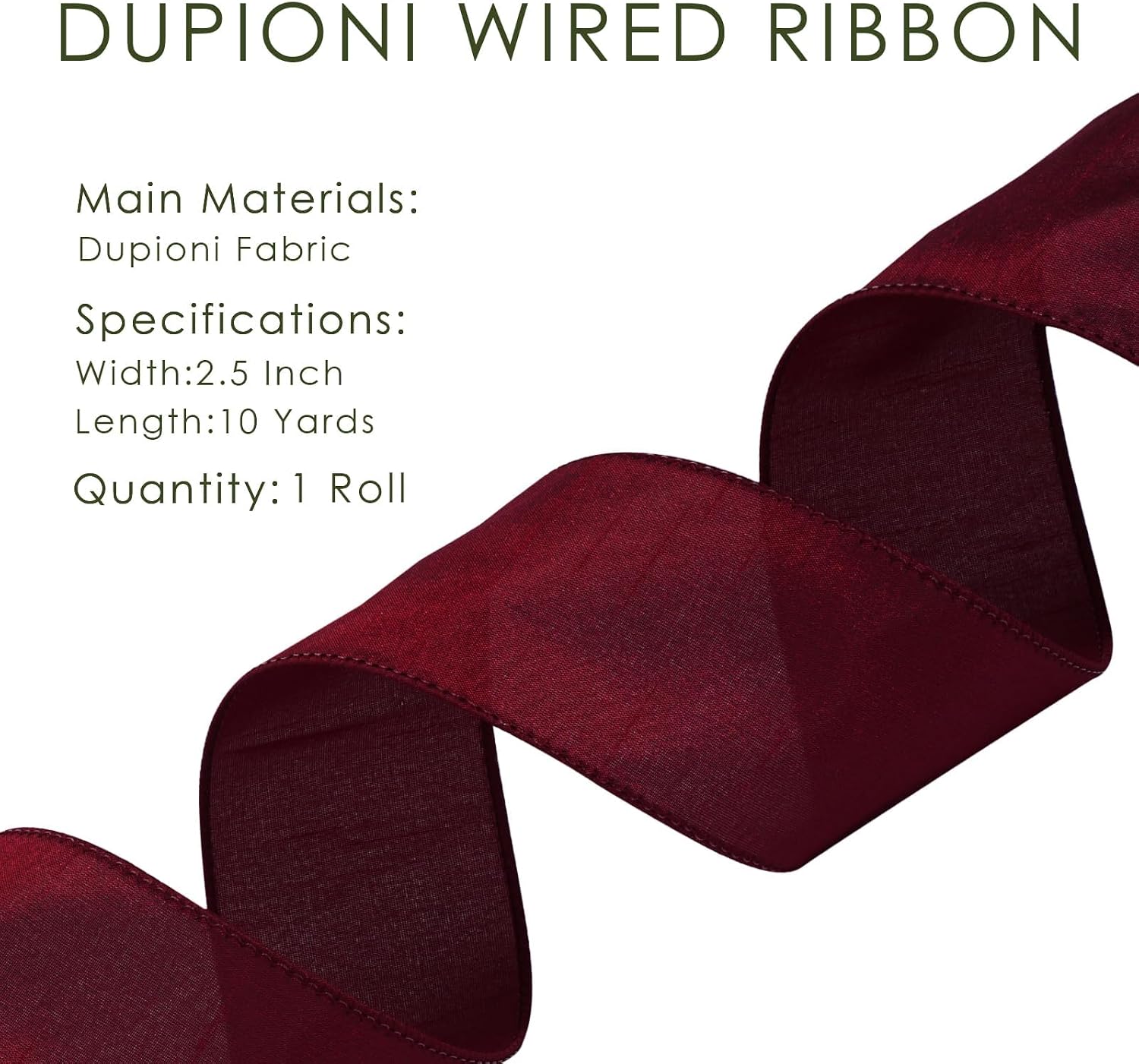 Moss Ribbon Wired 1 Inch x 10 Yards, Dupioni Christmas Decor