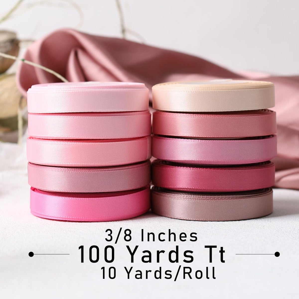 Double Faced Rainbow Satin Ribbon Set, 3/8" x 100 Yards, 10 Rolls