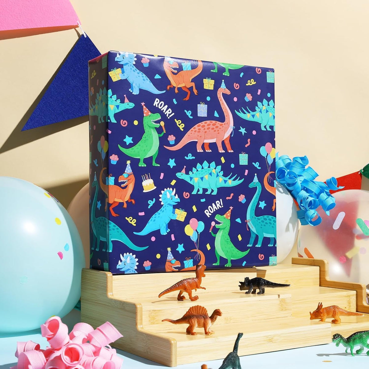 WRAPLA Colorful Wrapping Paper Roll - 17 Inches X 33 Feet (43cm X 10m) - Foil Happy Birthday and Cake Design Gift Wrap Stone Paper for Birthday, Baby Shower, Party, Holiday
