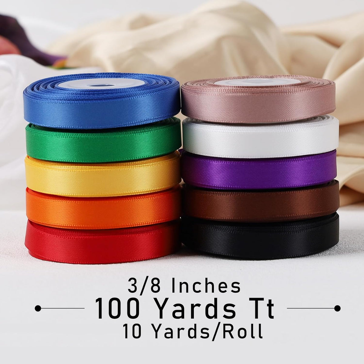 Double Faced Rainbow Satin Ribbon Set, 3/8" x 100 Yards, 10 Rolls
