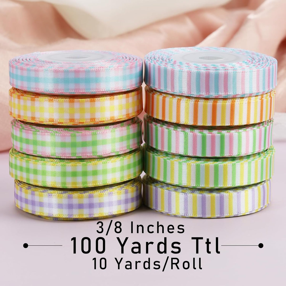 Double Faced Rainbow Satin Ribbon Set, 3/8" x 100 Yards, 10 Rolls