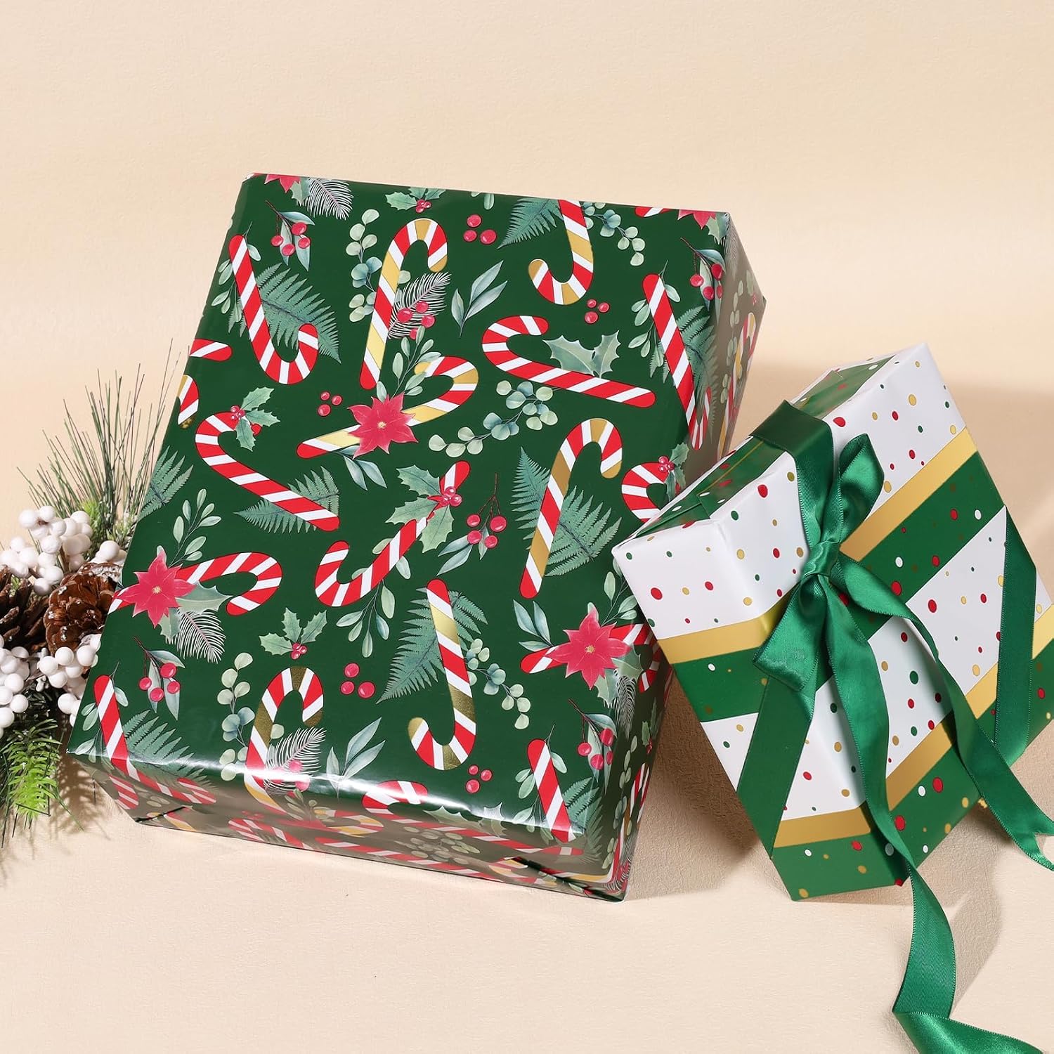 WRAPLA Reversible Christmas Wrapping Paper, Candy Cane Stripes 43cm x 10m