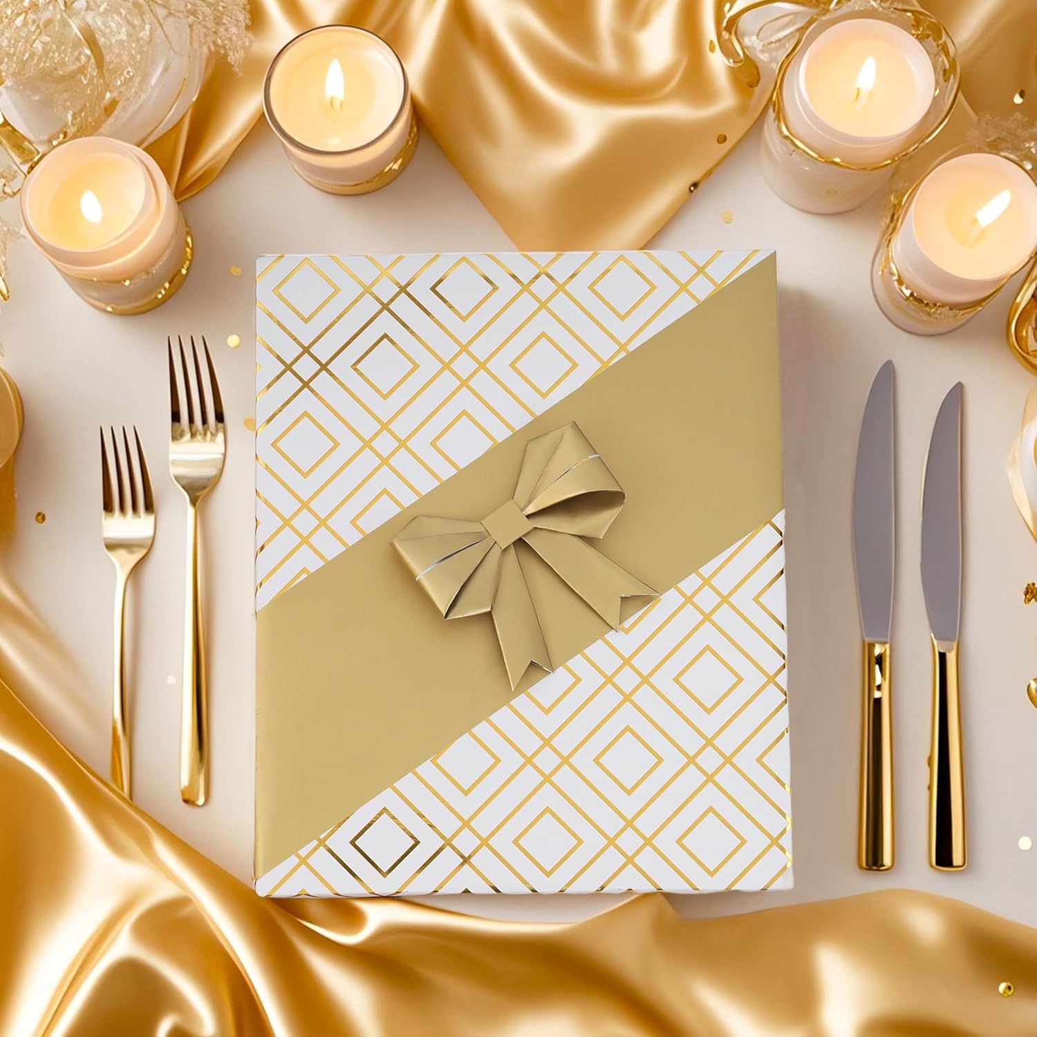 WRAPLA Luxury Wrapping Paper, White Gold Botanical Foil for Wedding Gifts