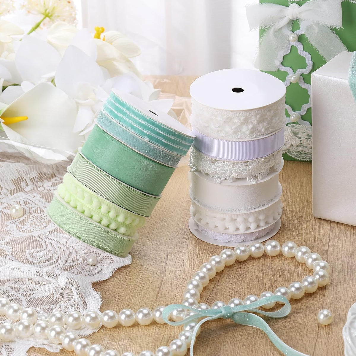 Black Ribbons for Crafts 6 Rolls, 30 Yards, Polka Dot & Glitter