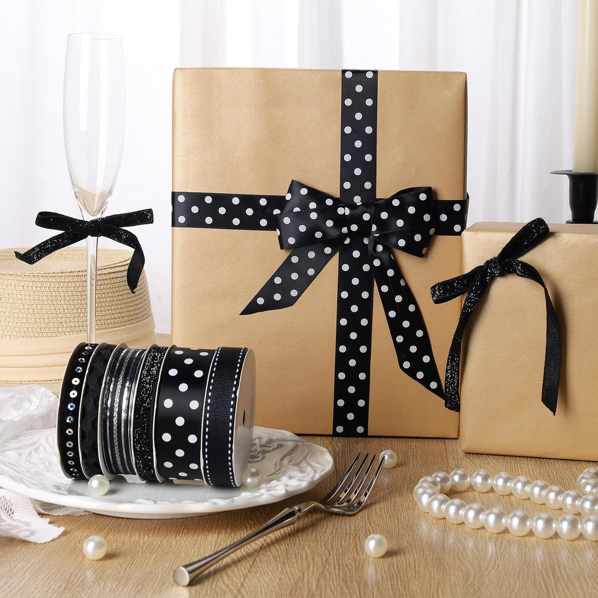 Black Ribbons for Crafts 6 Rolls, 30 Yards, Polka Dot & Glitter