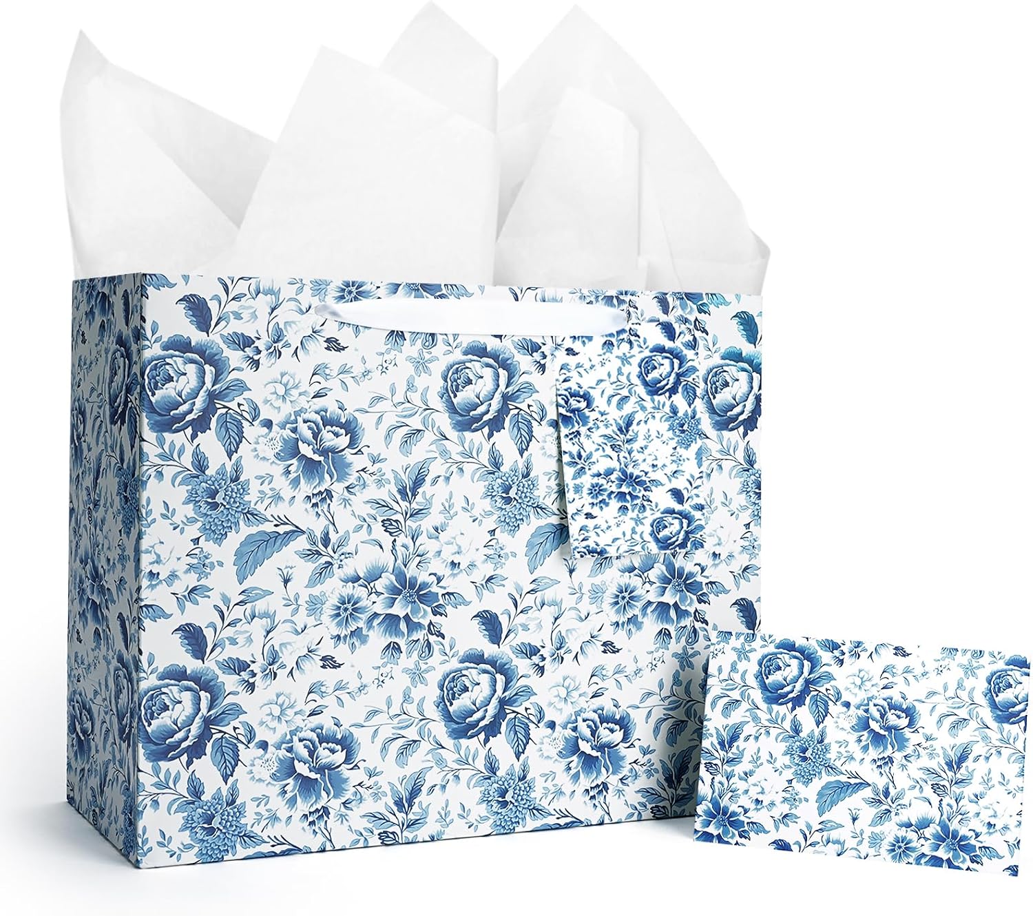 WRAPLA 13" Blue White Peony Paper Gift Bag for Wedding with Tissue & Card