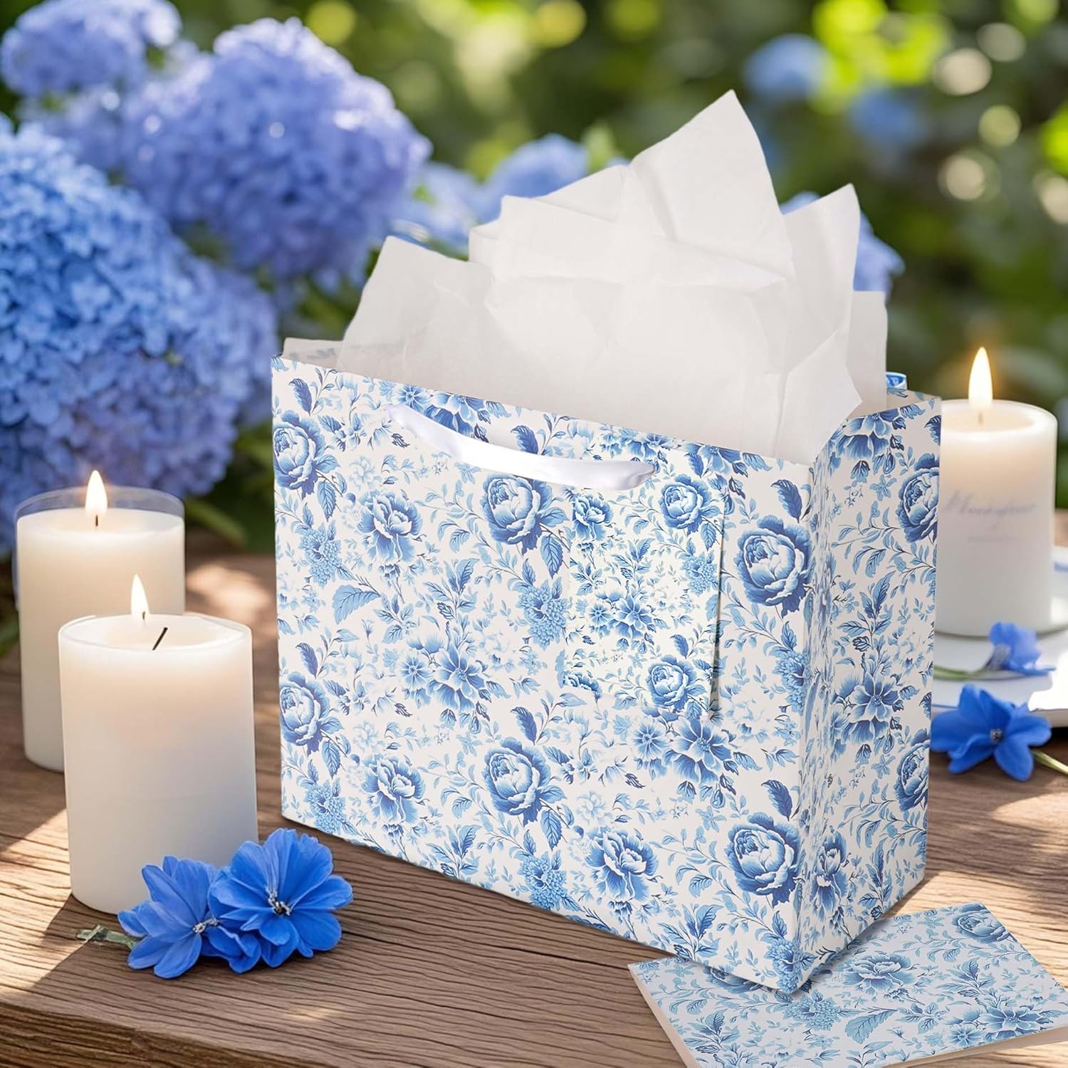 WRAPLA 13" Blue White Peony Paper Gift Bag for Wedding with Tissue & Card
