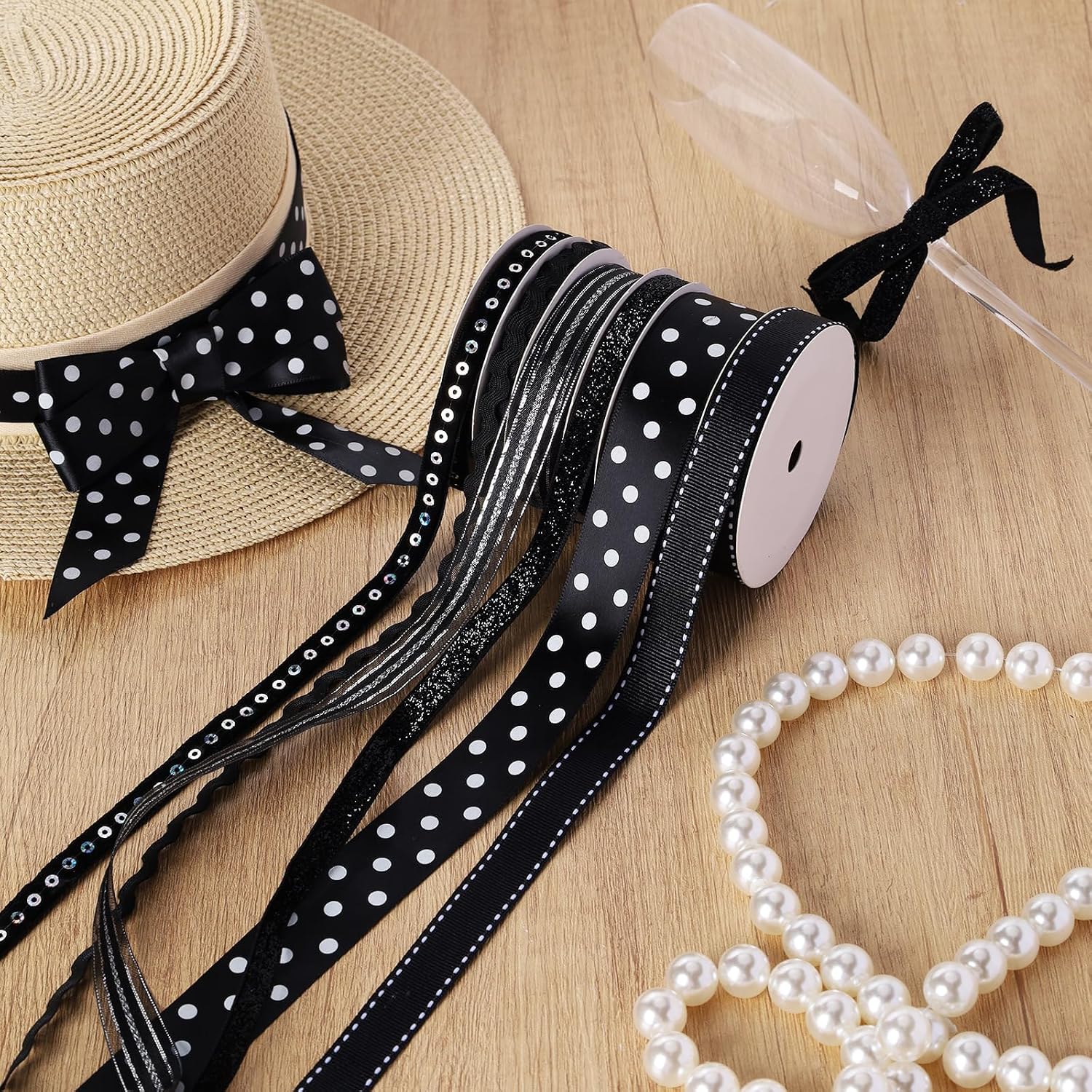 Black Ribbons for Crafts 6 Rolls, 30 Yards, Polka Dot & Glitter