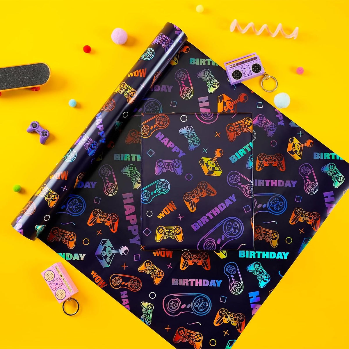 WRAPLA Colorful Wrapping Paper Roll - 17 Inches X 33 Feet (43cm X 10m) - Foil Happy Birthday and Cake Design Gift Wrap Stone Paper for Birthday, Baby Shower, Party, Holiday
