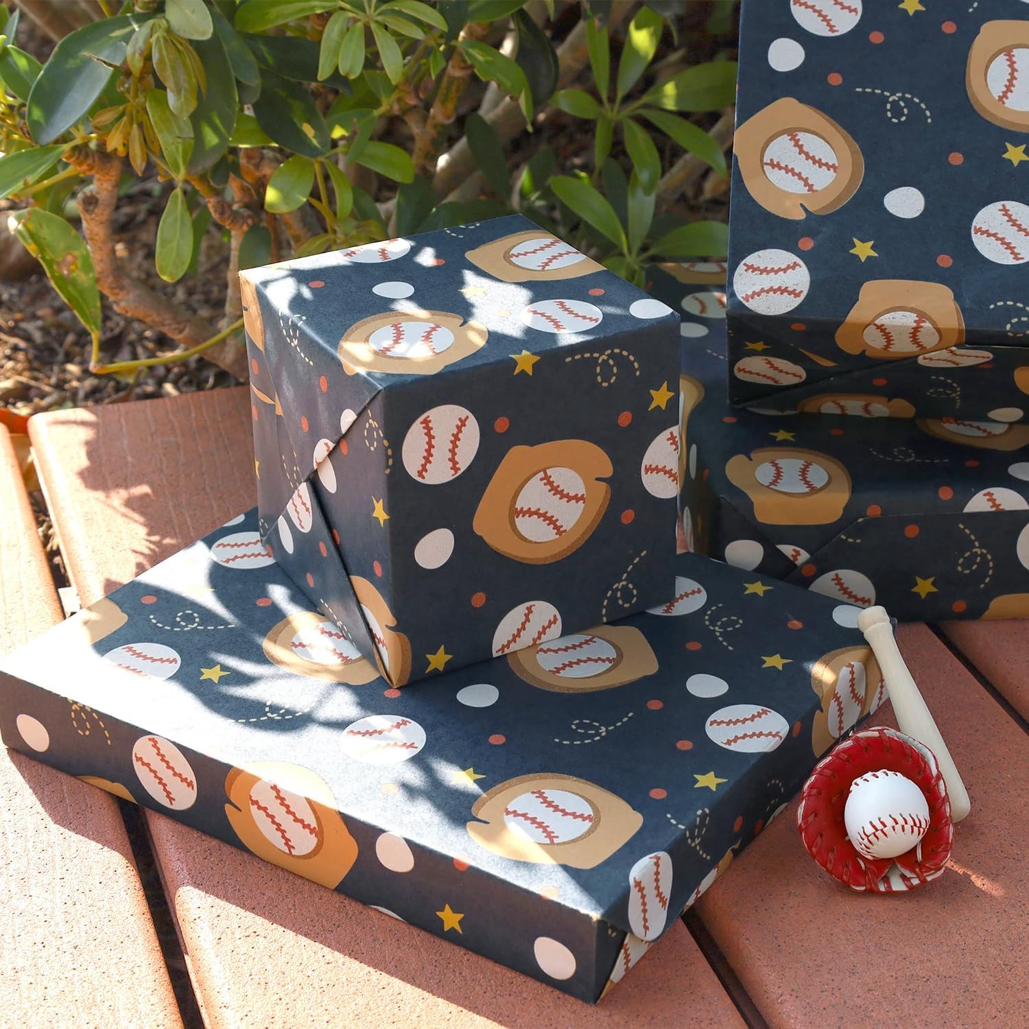 WRAPLA Baseball Kraft Wrapping Paper Baseball Glove and Ball Design