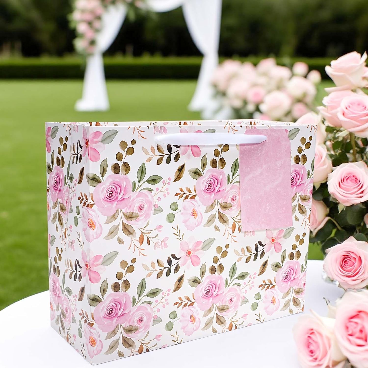 WRAPLA 13" Blue White Peony Paper Gift Bag for Wedding with Tissue & Card