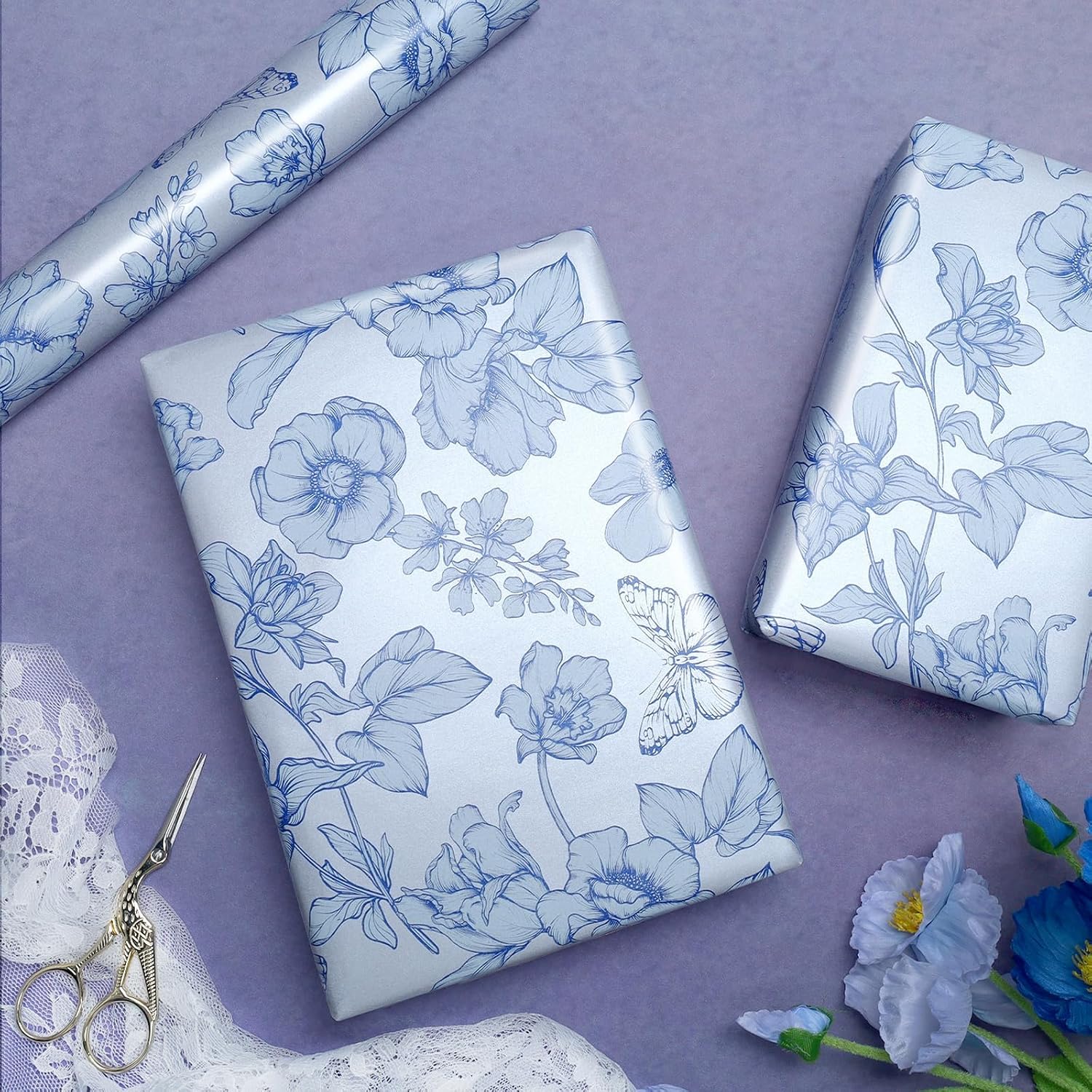 WRAPLA Reversible Wrapping Paper, Blue Floral Pearlescent Print 43cm x 10m