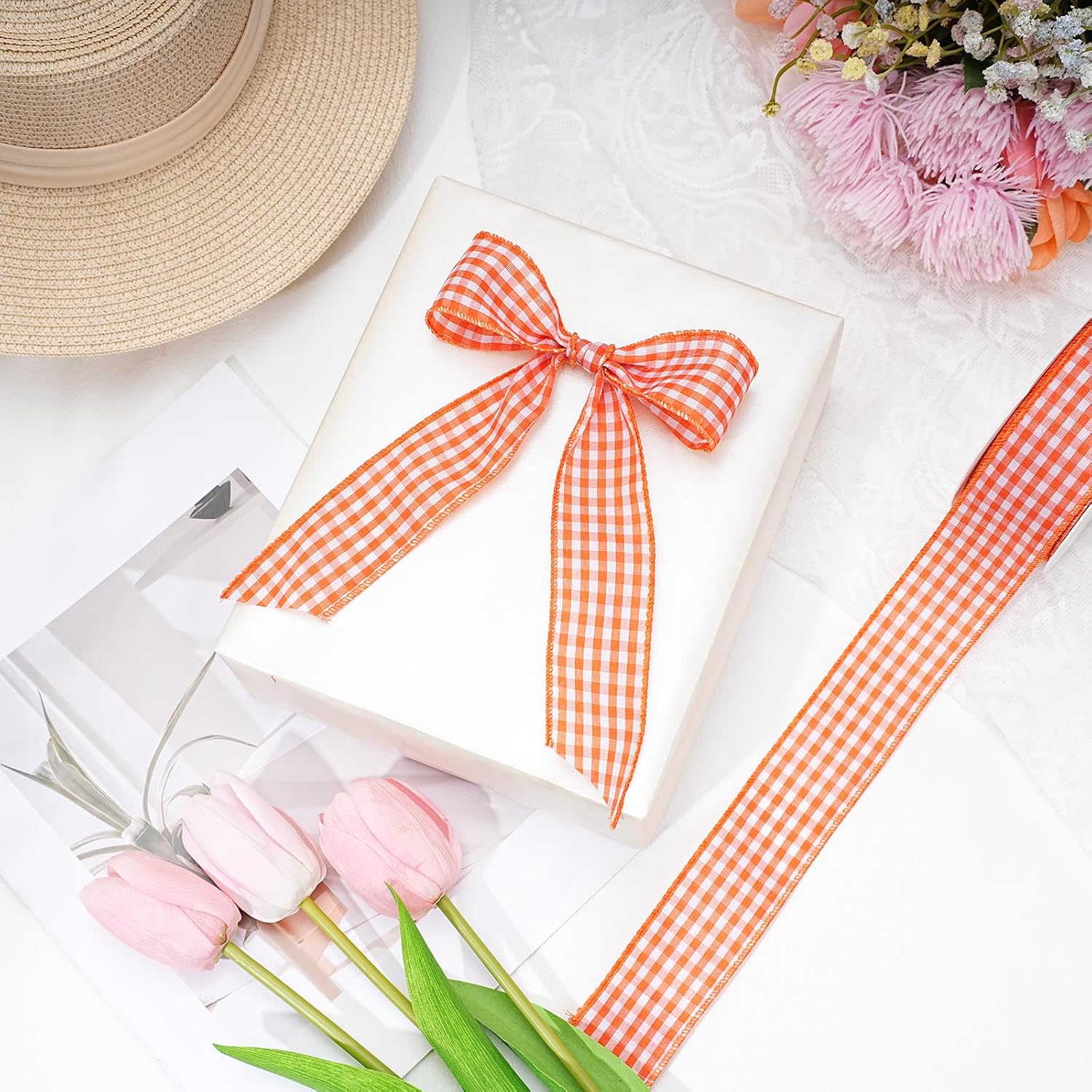 Pink Gingham Burlap Ribbon Wired 1.5 Inch x 10 Yards