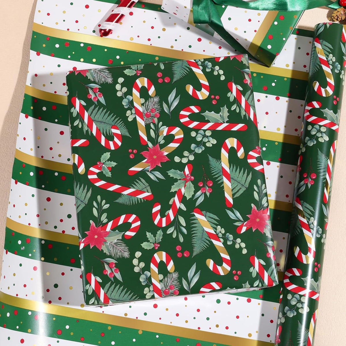 WRAPLA Reversible Christmas Wrapping Paper, Candy Cane Stripes 43cm x 10m