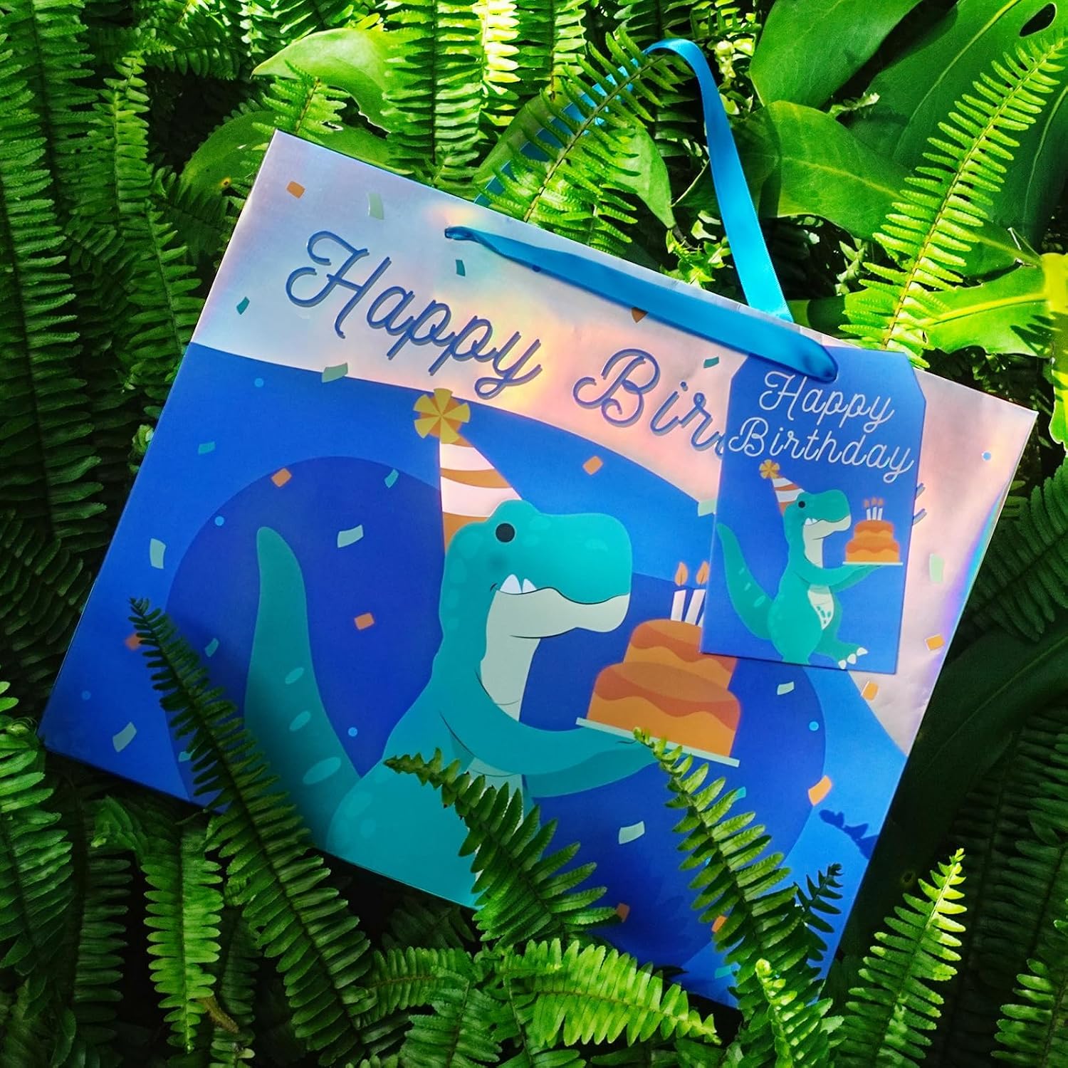 WRAPLA 13" Large Dinosaur Birthday Gift Bag, Blue Holographic Design