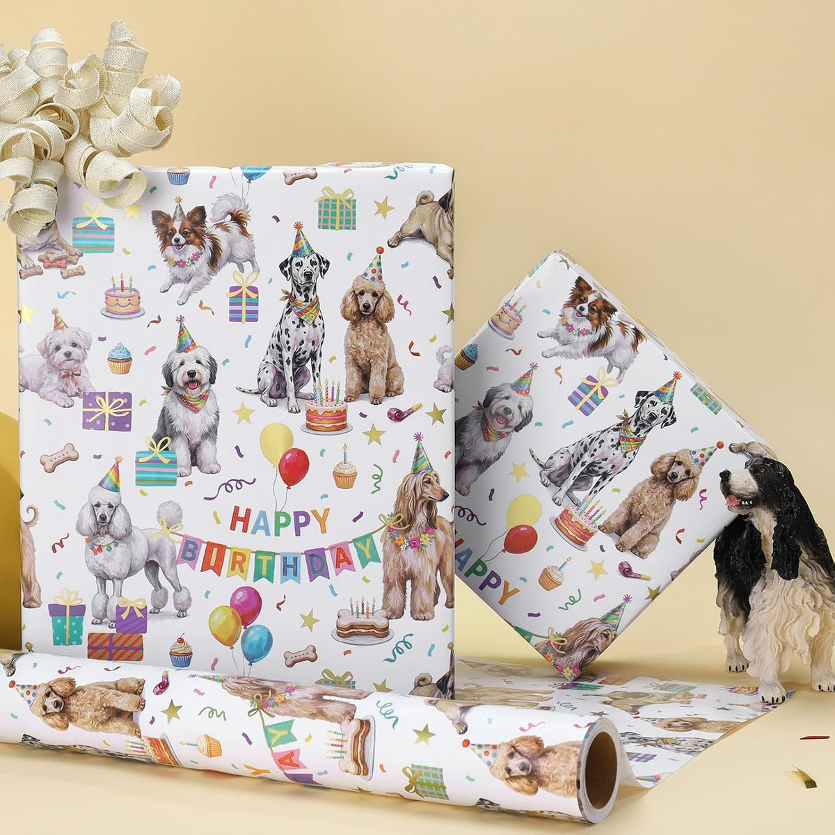 WRAPLA Colorful Wrapping Paper Roll - 17 Inches X 33 Feet (43cm X 10m) - Foil Happy Birthday and Cake Design Gift Wrap Stone Paper for Birthday, Baby Shower, Party, Holiday