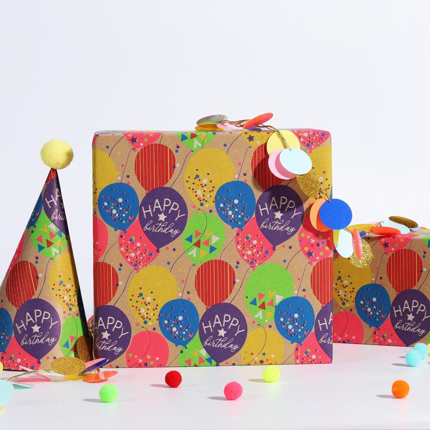 WRAPLA Kraft Birthday Wrapping Paper Colorful Balloons Design for Holiday