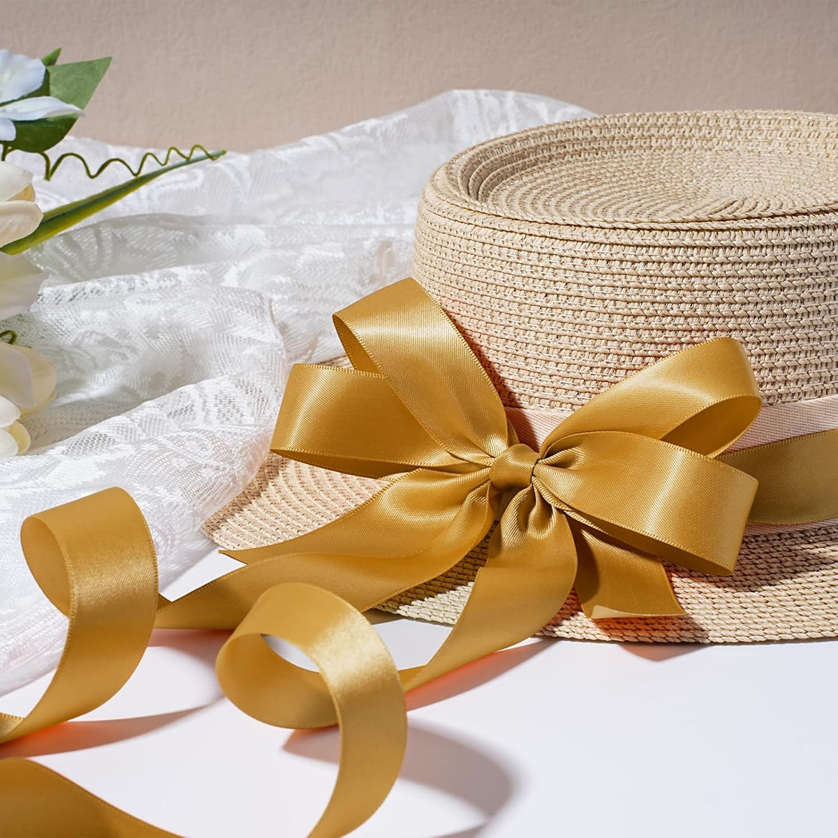 Gold Satin Ribbon 1 Inch x 100 Yards - Double Sided Silk Ribbon for Gift Wrapping Wedding Decoration Bows Bouquet Floral Arrangement Crafts