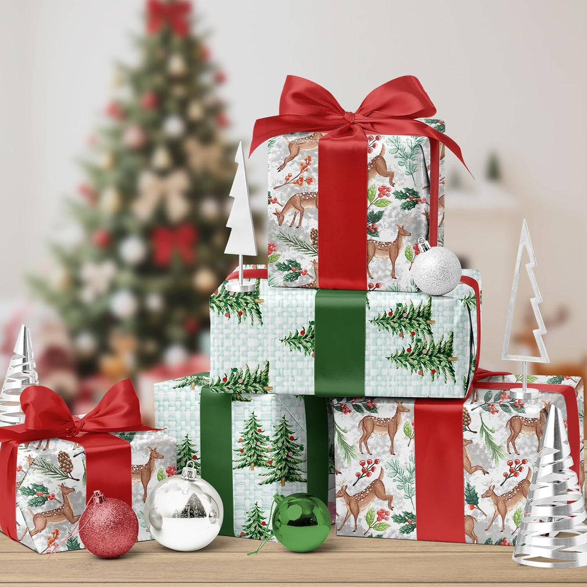 WRAPLA Christmas Wrapping Paper Doe Floral and Tree Design Gift Wrap