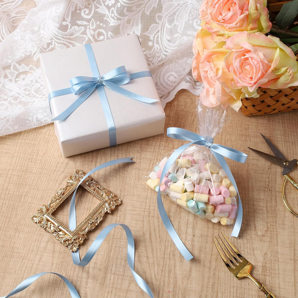 Light Blue Satin Ribbon 3 Inch 10 Yards Double Faced Luxury Baby Blue Silk Ribbon for Gift Wrapping Flower Bouquets Bow Christmas Wedding Party Decoration