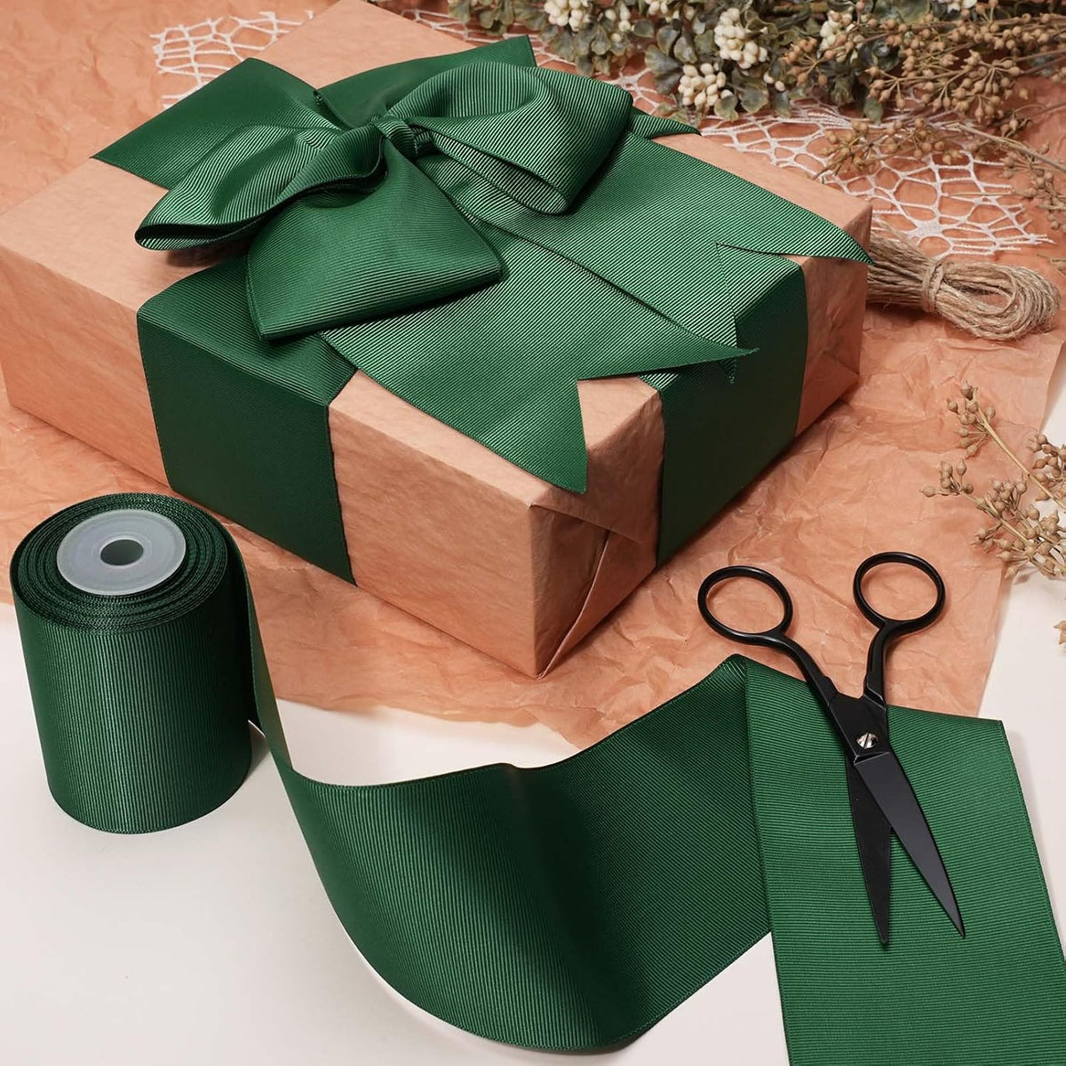 3In x 10Yds Green Grosgrain Ribbon for Christmas & Craft Decor