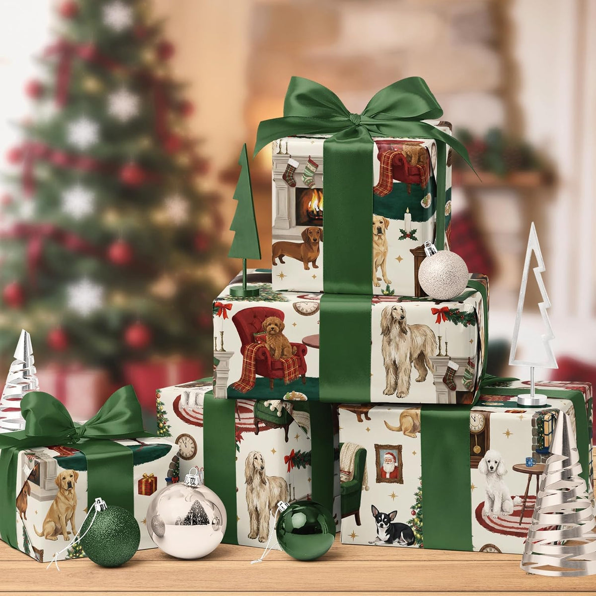 WRAPLA Reversible Christmas Wrapping Paper, Cozy Dog Holiday 43cm x 10m