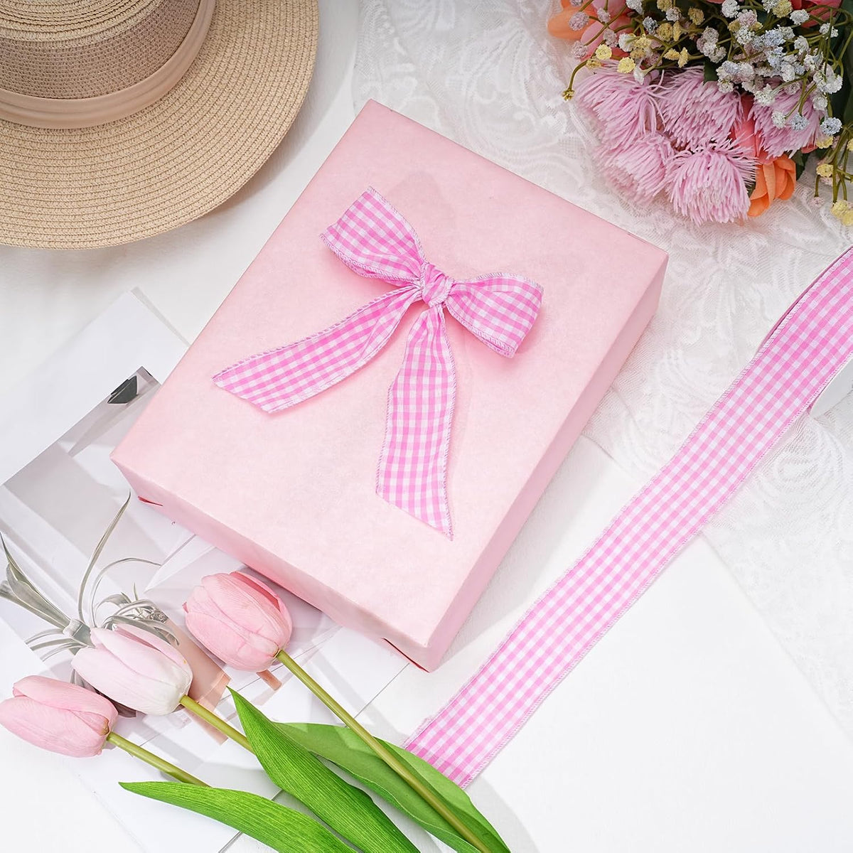 Pink Gingham Burlap Ribbon Wired 1.5 Inch x 10 Yards