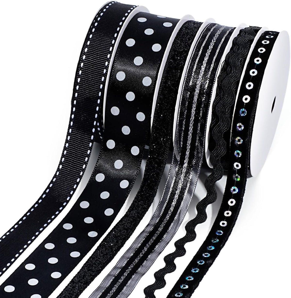 Black Ribbons for Crafts 6 Rolls, 30 Yards, Polka Dot & Glitter