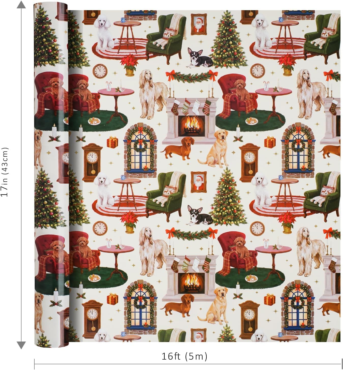 WRAPLA Reversible Christmas Wrapping Paper, Cozy Dog Holiday 43cm x 10m