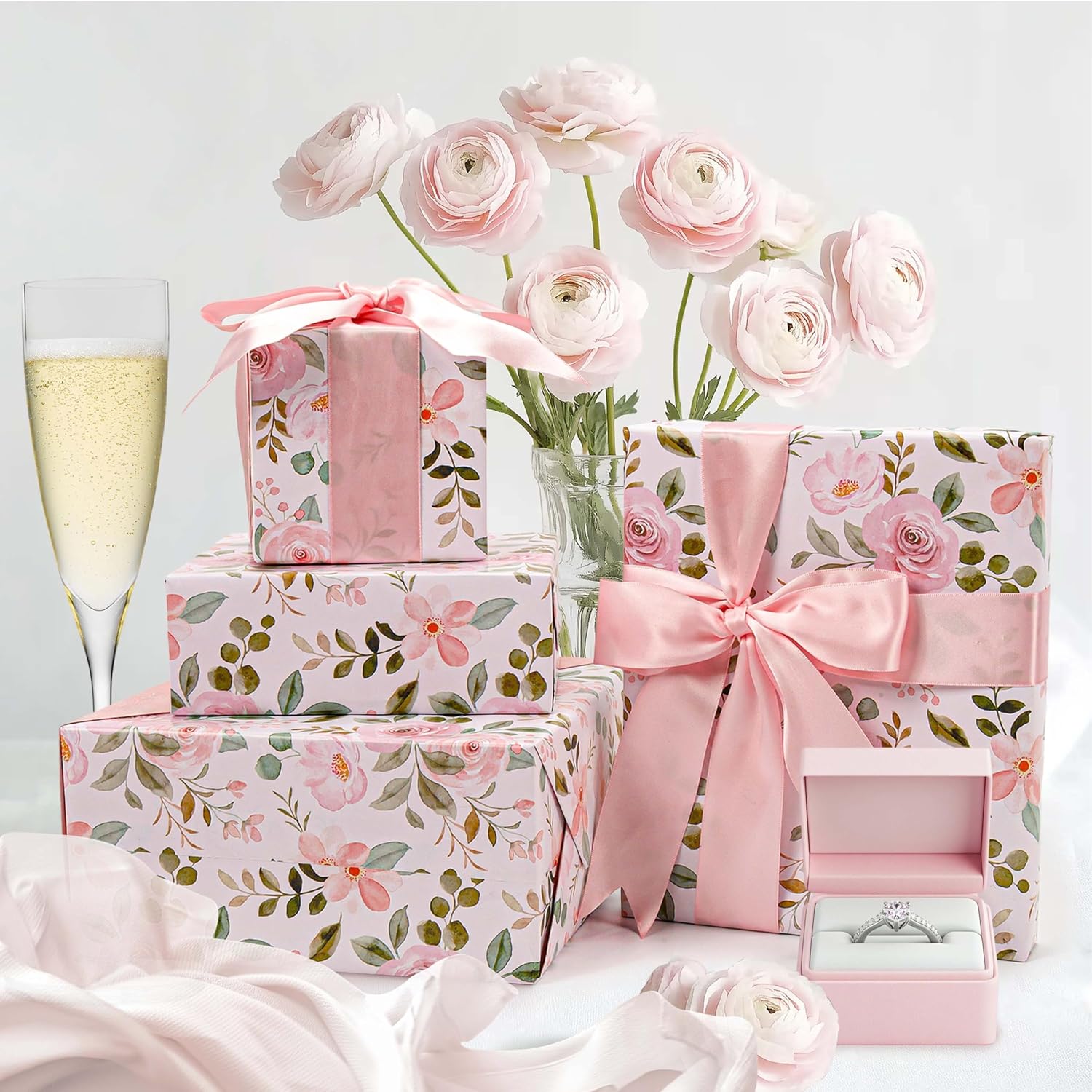WRAPLA Reversible Wrapping Paper, Blue Floral Pearlescent Print 43cm x 10m