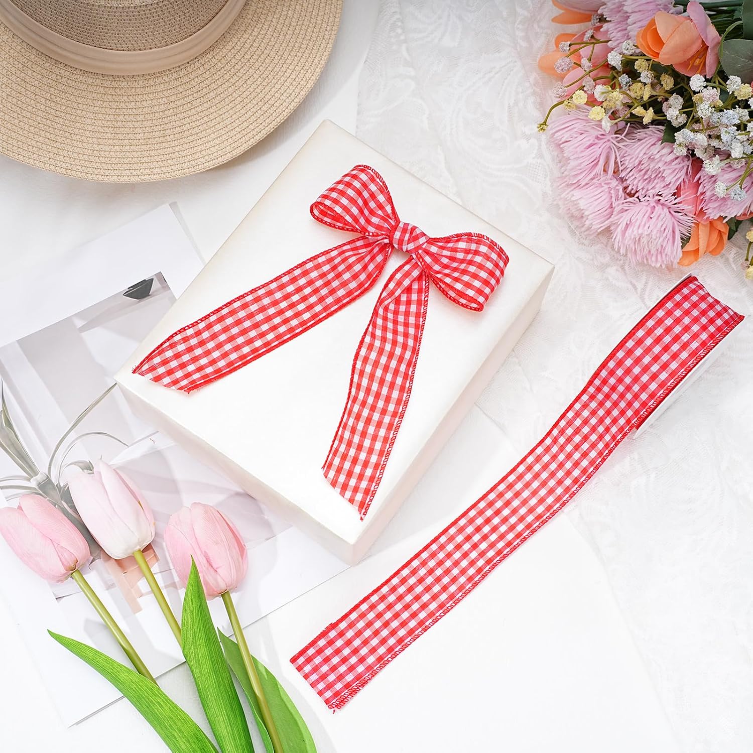 Pink Gingham Burlap Ribbon Wired 1.5 Inch x 10 Yards