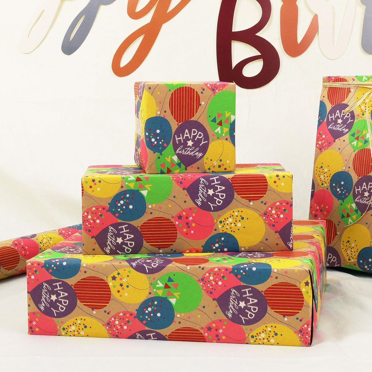 WRAPLA Kraft Birthday Wrapping Paper Colorful Balloons Design for Holiday