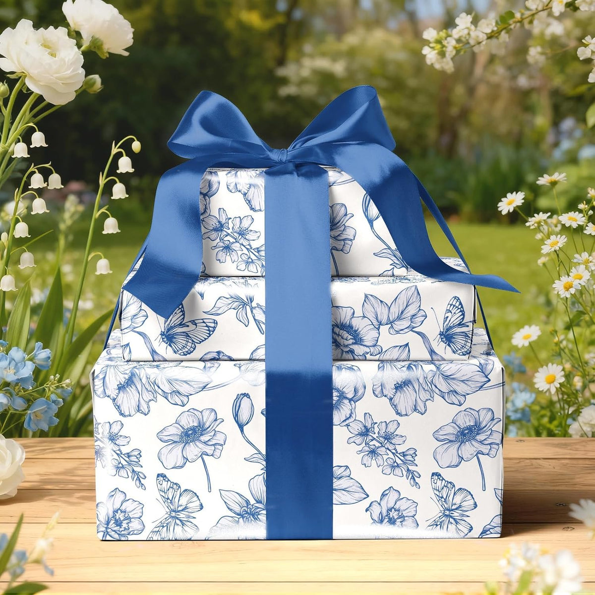 WRAPLA Reversible Wrapping Paper, Blue Floral Pearlescent Print 43cm x 10m