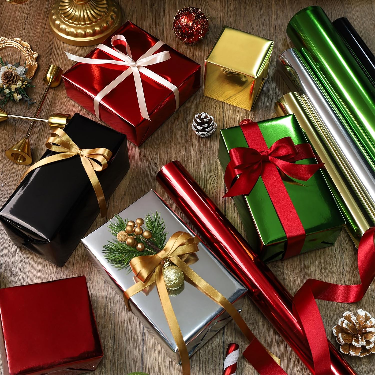 WRAPLA Green Metallic Christmas Wrapping Paper, Solid Color Roll
