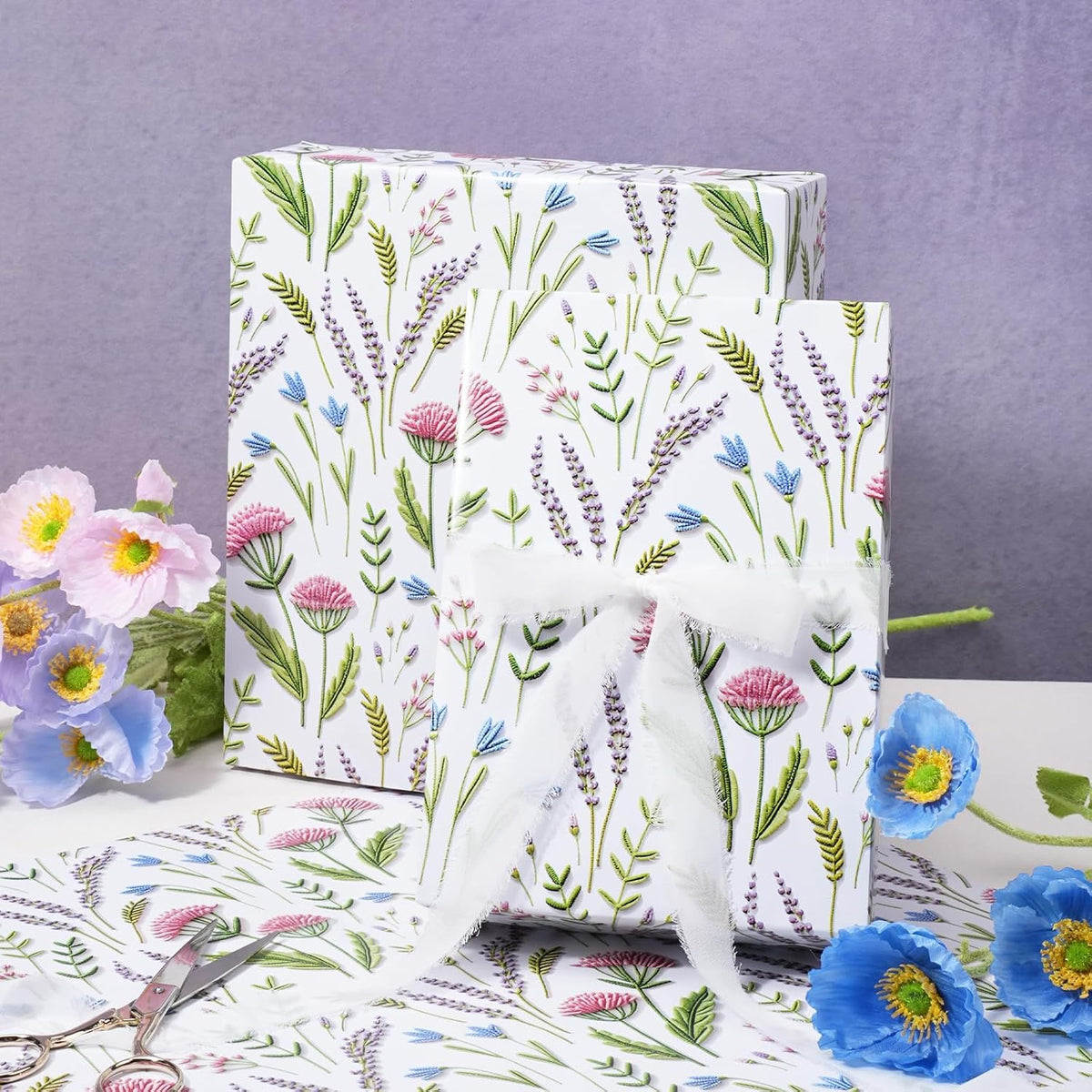 WRAPLA Reversible Wrapping Paper, Blue Floral Pearlescent Print 43cm x 10m