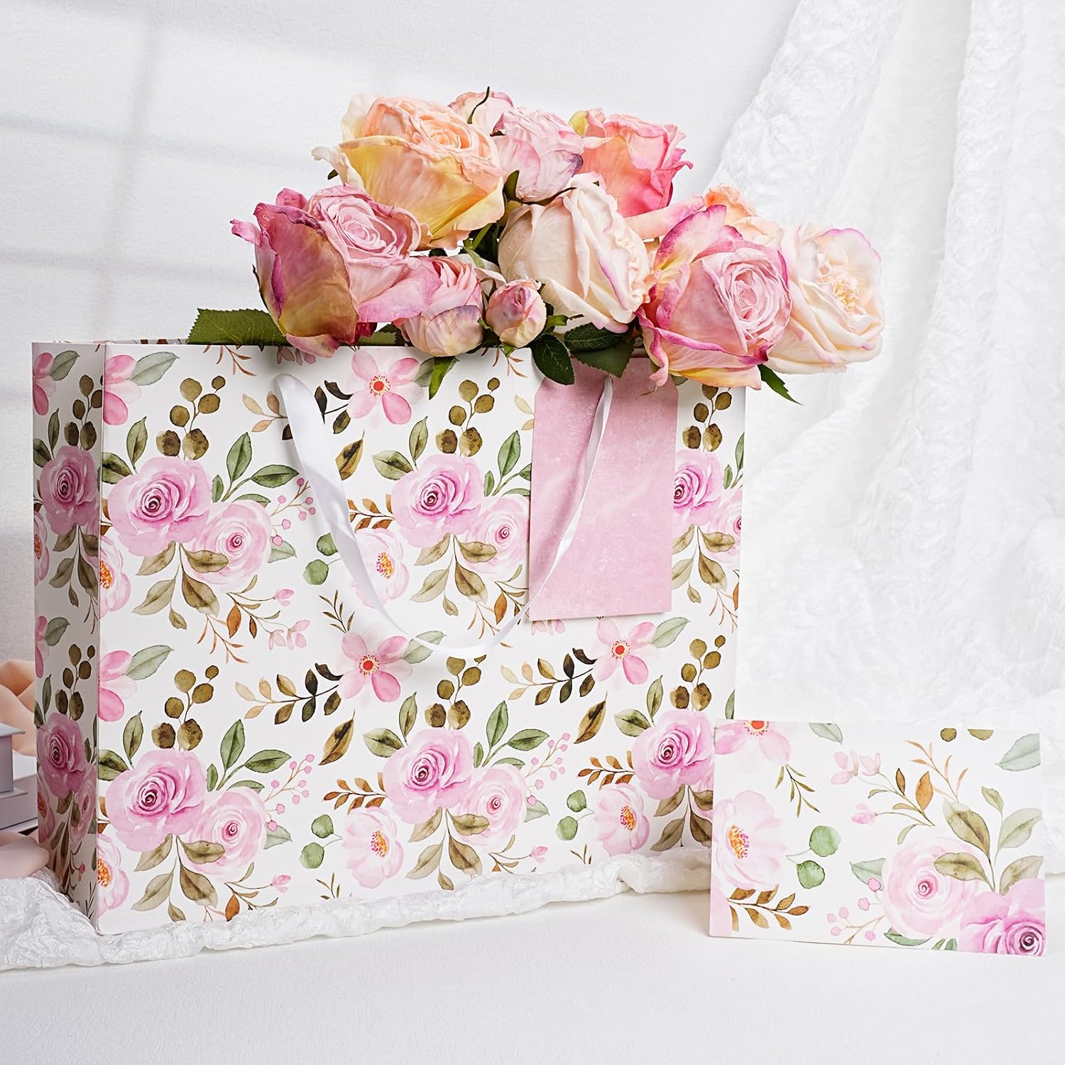 WRAPLA 13" Blue White Peony Paper Gift Bag for Wedding with Tissue & Card