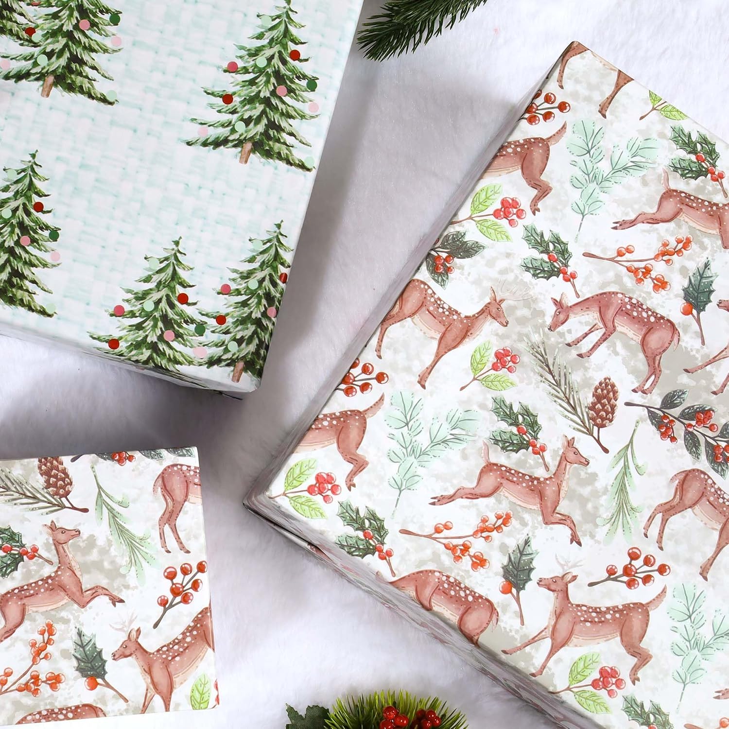 WRAPLA Christmas Wrapping Paper Doe Floral and Tree Design Gift Wrap