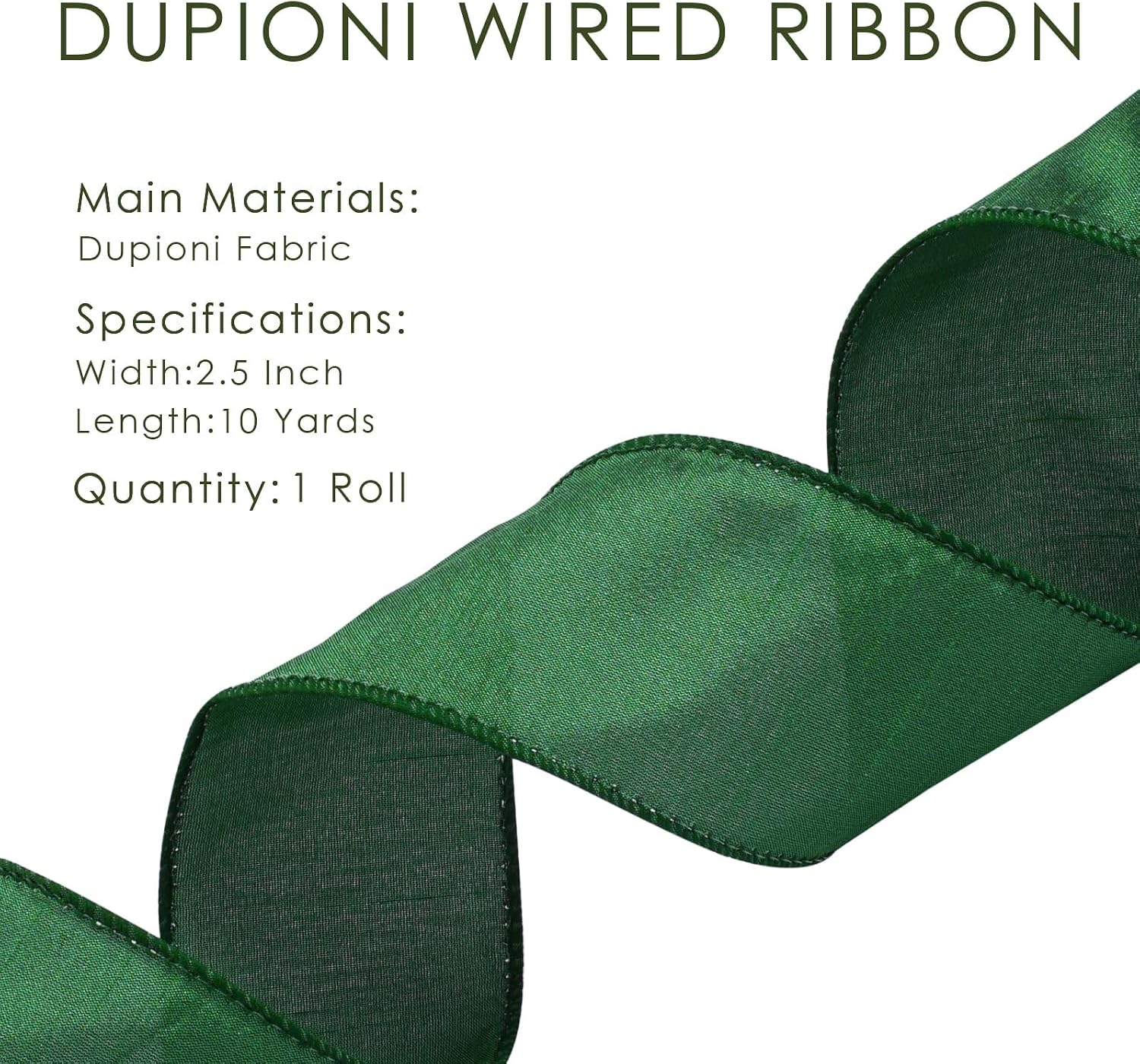 Moss Ribbon Wired 1 Inch x 10 Yards, Dupioni Christmas Decor