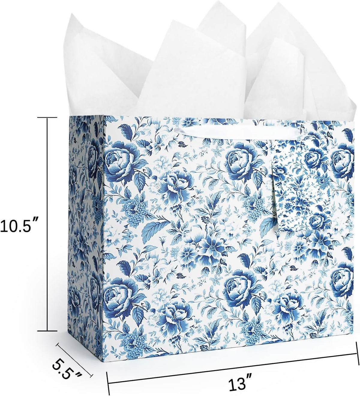 WRAPLA 13" Blue White Peony Paper Gift Bag for Wedding with Tissue & Card