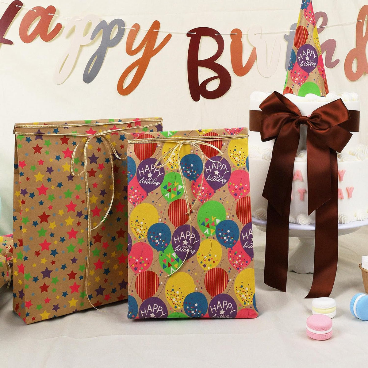 WRAPLA Kraft Birthday Wrapping Paper Colorful Balloons Design for Holiday