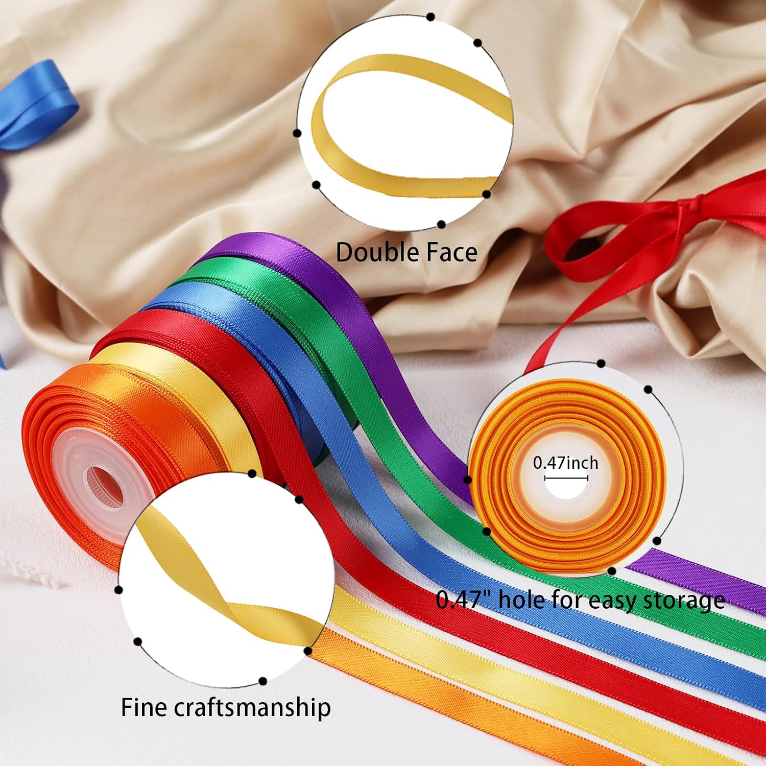 Double Faced Rainbow Satin Ribbon Set, 3/8" x 100 Yards, 10 Rolls