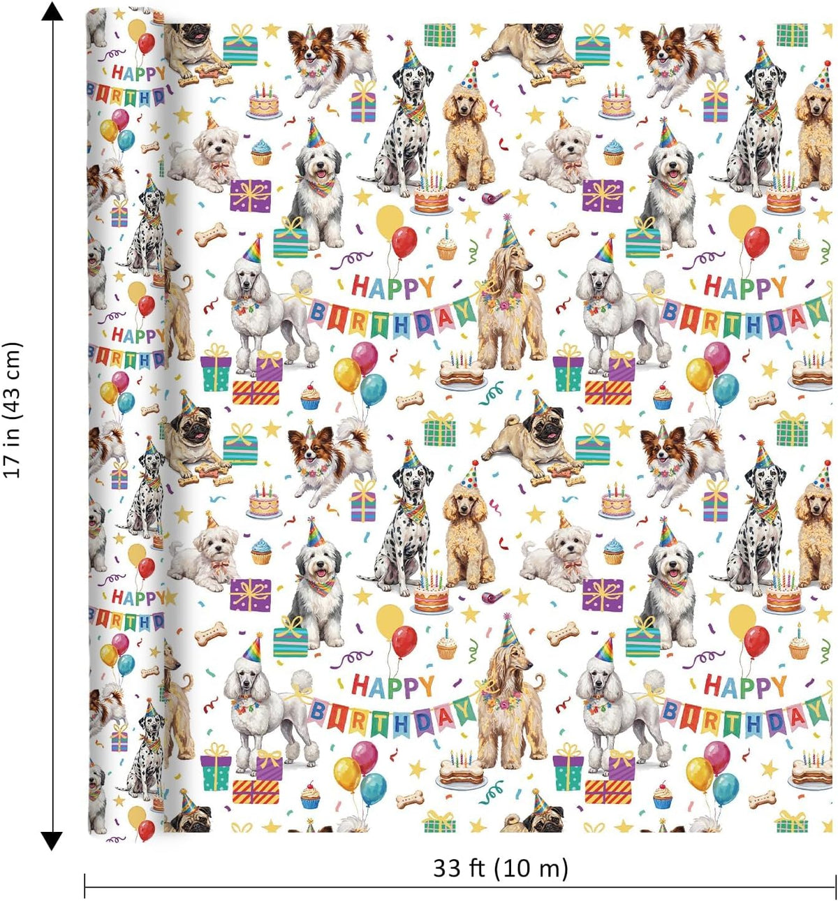 WRAPLA Colorful Wrapping Paper Roll - 17 Inches X 33 Feet (43cm X 10m) - Foil Happy Birthday and Cake Design Gift Wrap Stone Paper for Birthday, Baby Shower, Party, Holiday