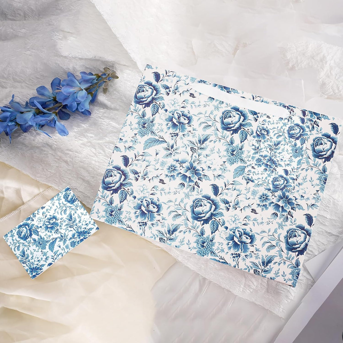 WRAPLA 13" Blue White Peony Paper Gift Bag for Wedding with Tissue & Card