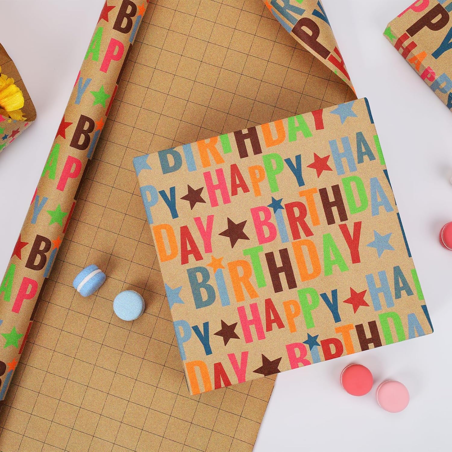 WRAPLA Kraft Birthday Wrapping Paper Colorful Balloons Design for Holiday