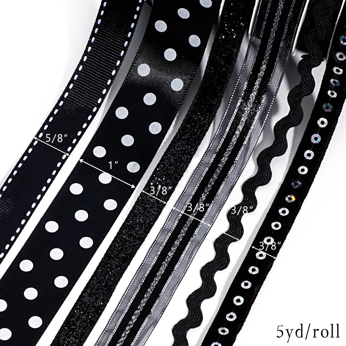 Black Ribbons for Crafts 6 Rolls, 30 Yards, Polka Dot & Glitter