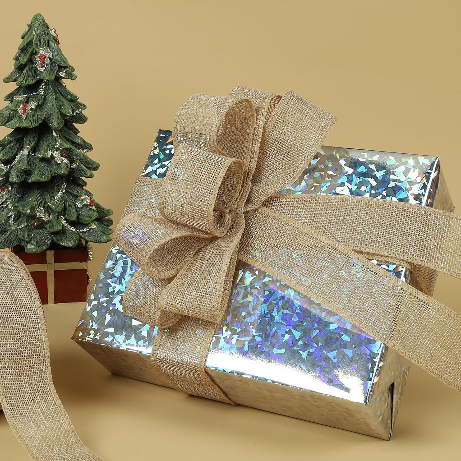 1.5 Inch Natural Burlap Wired Ribbon, Christmas & Gift Wrapping