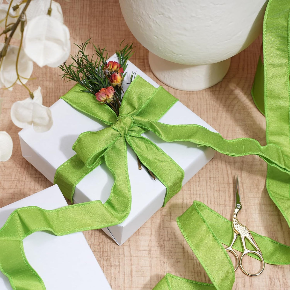 Moss Ribbon Wired 1 Inch x 10 Yards, Dupioni Christmas Decor