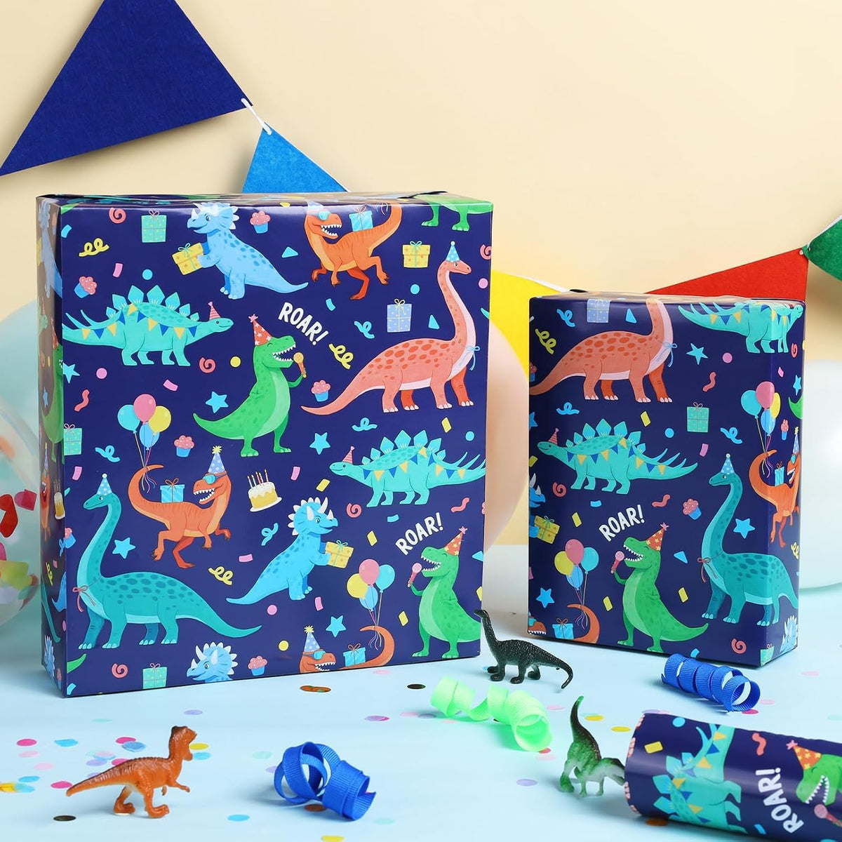 WRAPLA Colorful Wrapping Paper Roll - 17 Inches X 33 Feet (43cm X 10m) - Foil Happy Birthday and Cake Design Gift Wrap Stone Paper for Birthday, Baby Shower, Party, Holiday